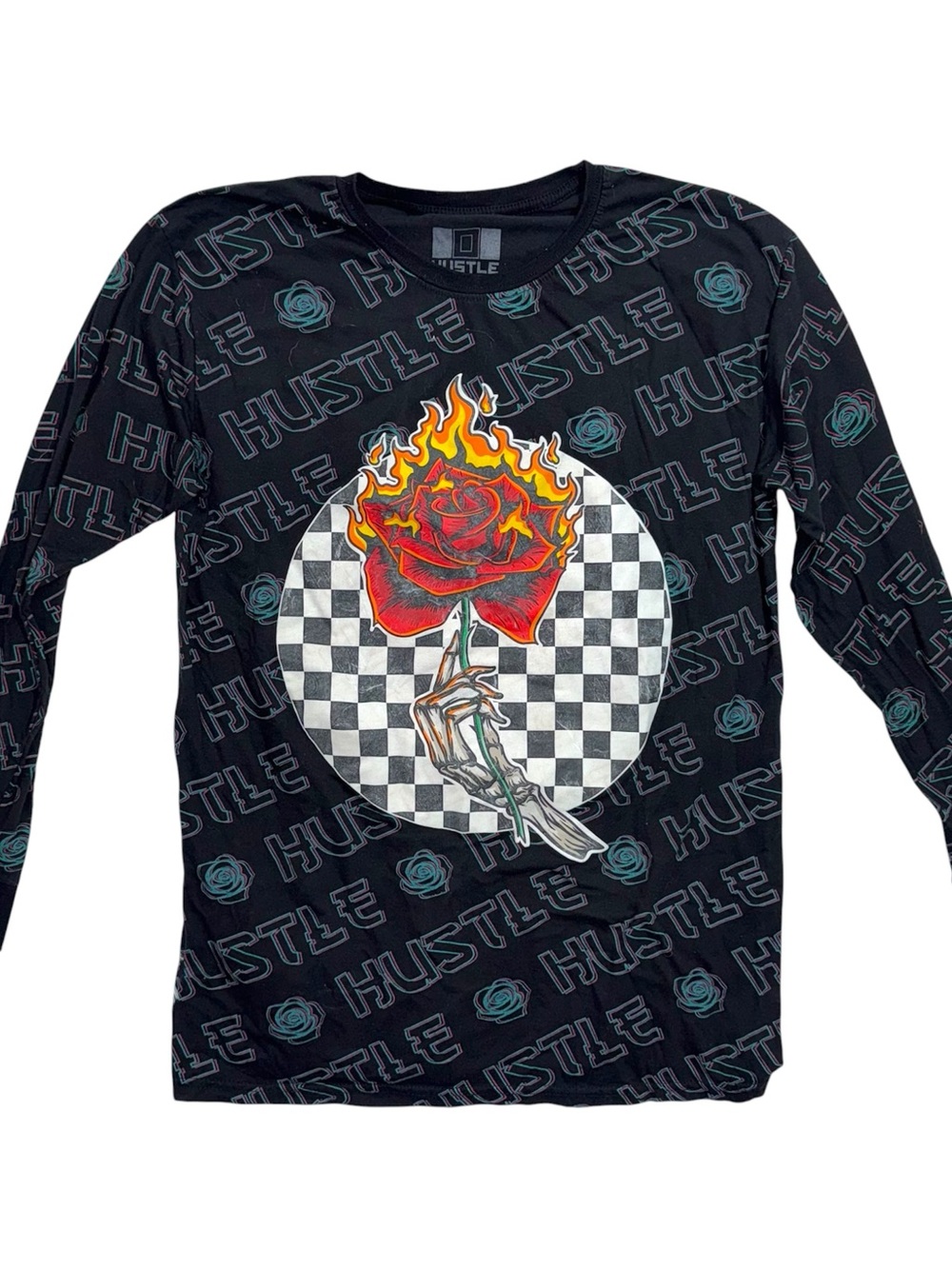 Hustle Rose On Fire Long Sleeve Lightweight Shirt Checkered Print Monogram Y2K G